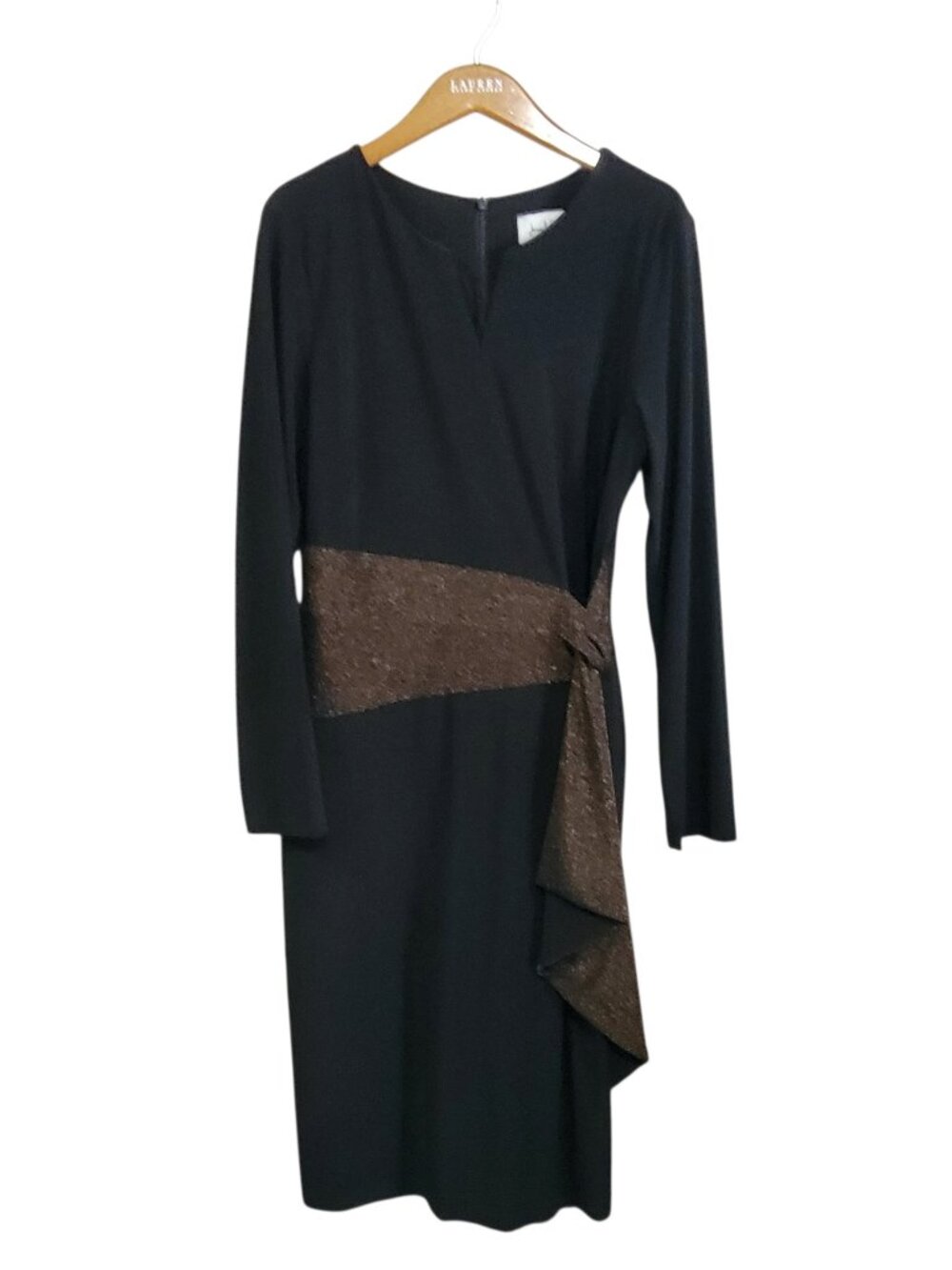 Joseph Ribkoff Front Wrap Dress Womens 12 Black Metallic Brown Zipper Night Out